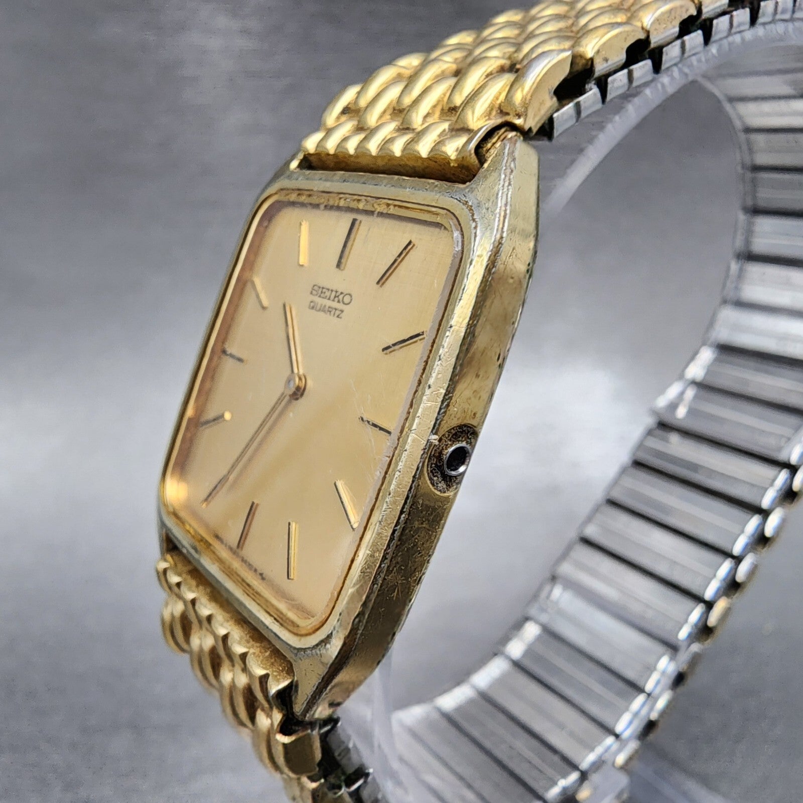 Seiko Tank Watch Men 27mm Gold Dial Gold Tone Rectangle 74305309 PARTS3
