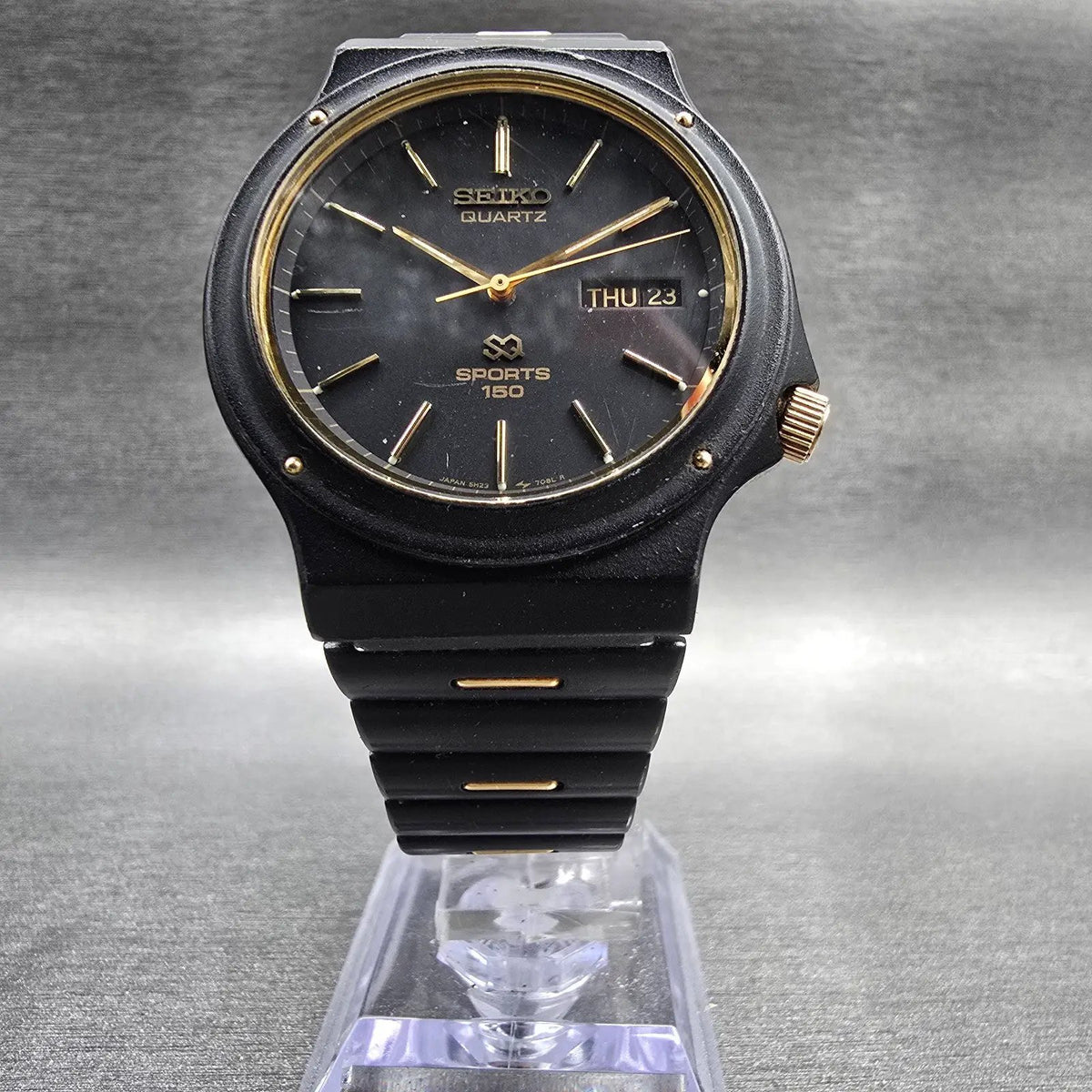 Seiko Sports 150 Watch Men 37mm Black Dial Black&Gold Daydate 5H23-7029 New Batt5
