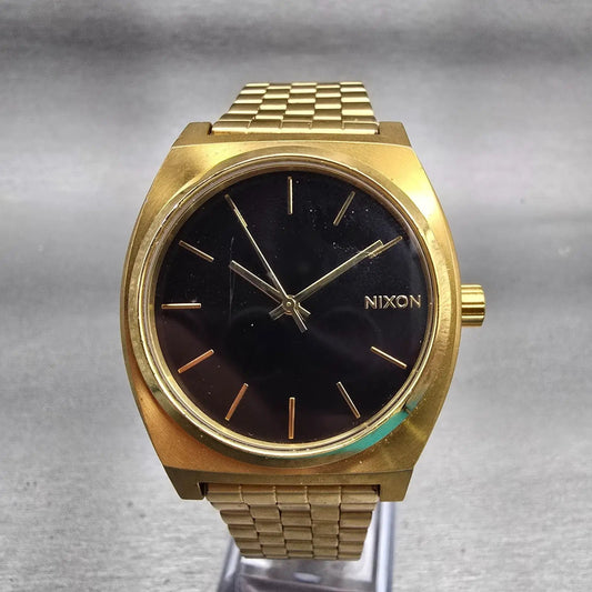 Nixon Time Teller Watch Men 37mm Black Dial Gold Tone Round New Battery0