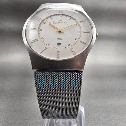 Skagen Steel Watch Men 36mm White Dial Silver Tone Date Round 233XLSGS New Batt5
