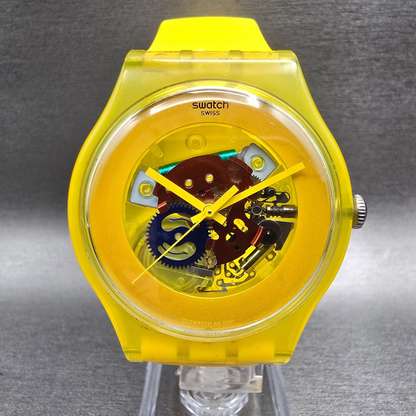 Swatch Yellow Laquered Watch Men 41mm Skeleton Dial Round SUOJ100 New Battery0