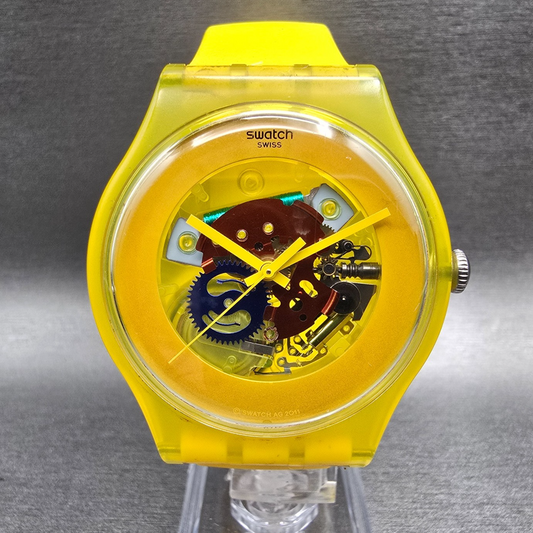Swatch Yellow Laquered Watch Men 41mm Skeleton Dial Round SUOJ100 New Battery0