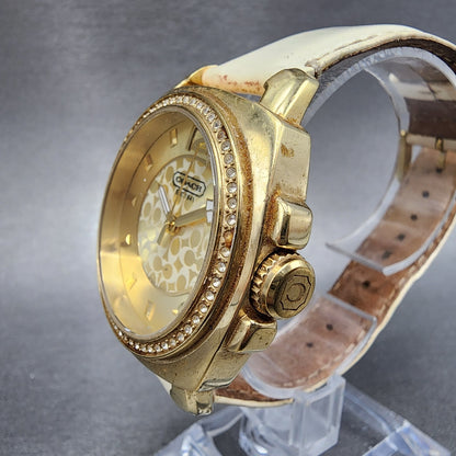 Coach Boyfriend Watch Women Champagne Dial Gold Tone Round Leather New Battery2