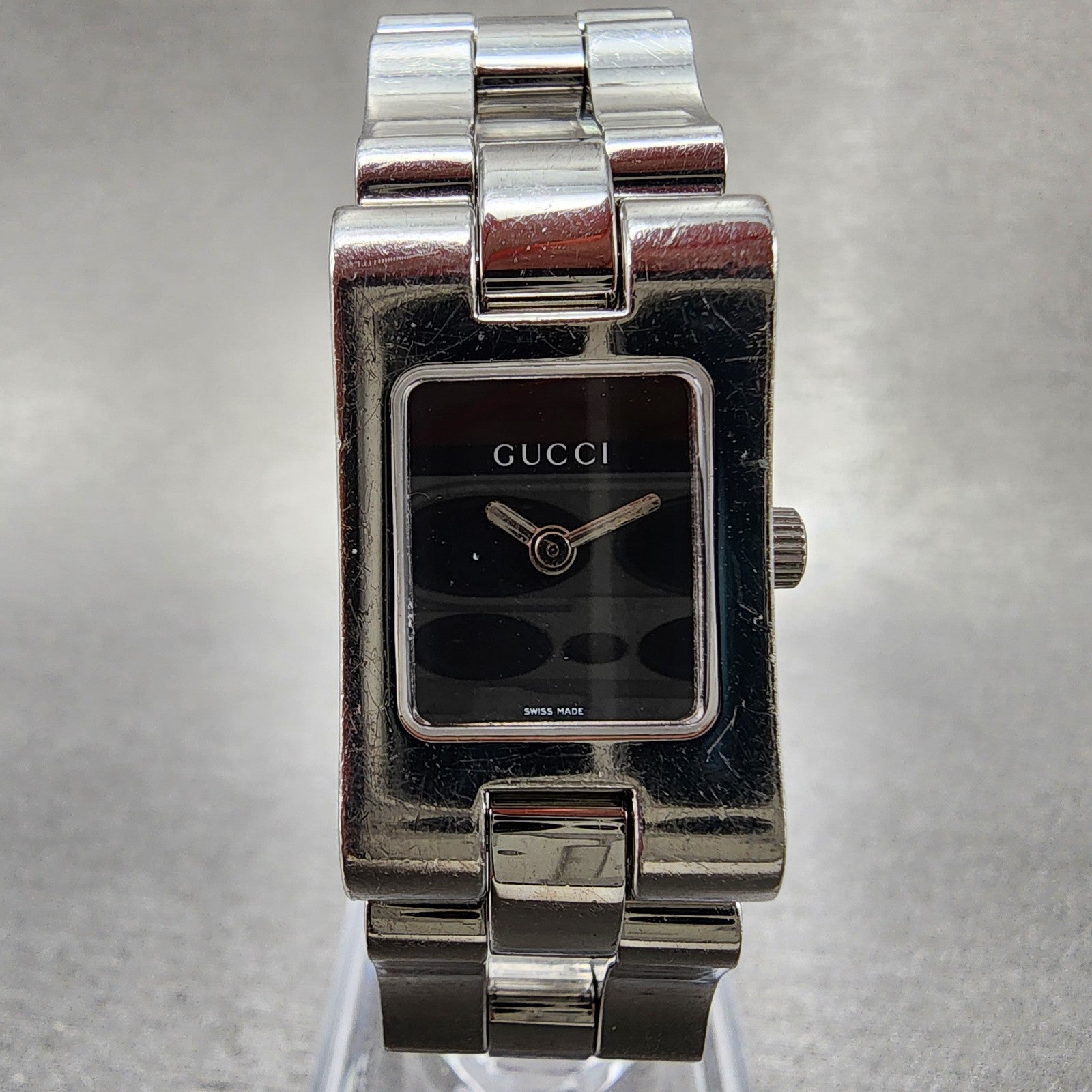 Gucci Tank Watch Women 17mm Black Dial Silver Tone Rectangle 2305L New Battery1