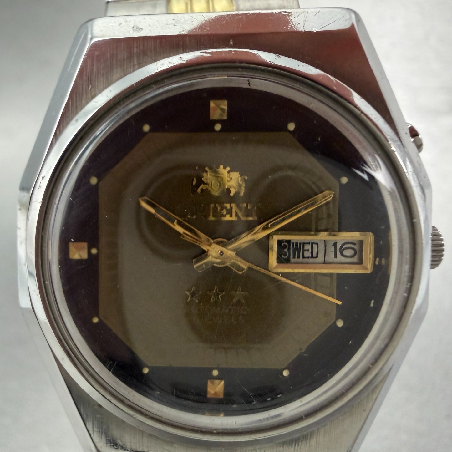 Orient Tri Star Watch Men 36mm Brown Dial Silver Tone Daydate Round Automat Runs1