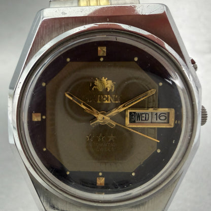 Orient Tri Star Watch Men 36mm Brown Dial Silver Tone Daydate Round Automat Runs1