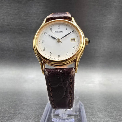 Seiko Watch Women 25mm White Dial Gold Tone Date Round 7N82-6E80 New Battery5