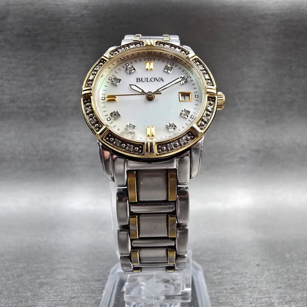 Bulova Diamond Watch Women 26mm MOP Dial Two Tone Date Round 98R107 New Batt 785