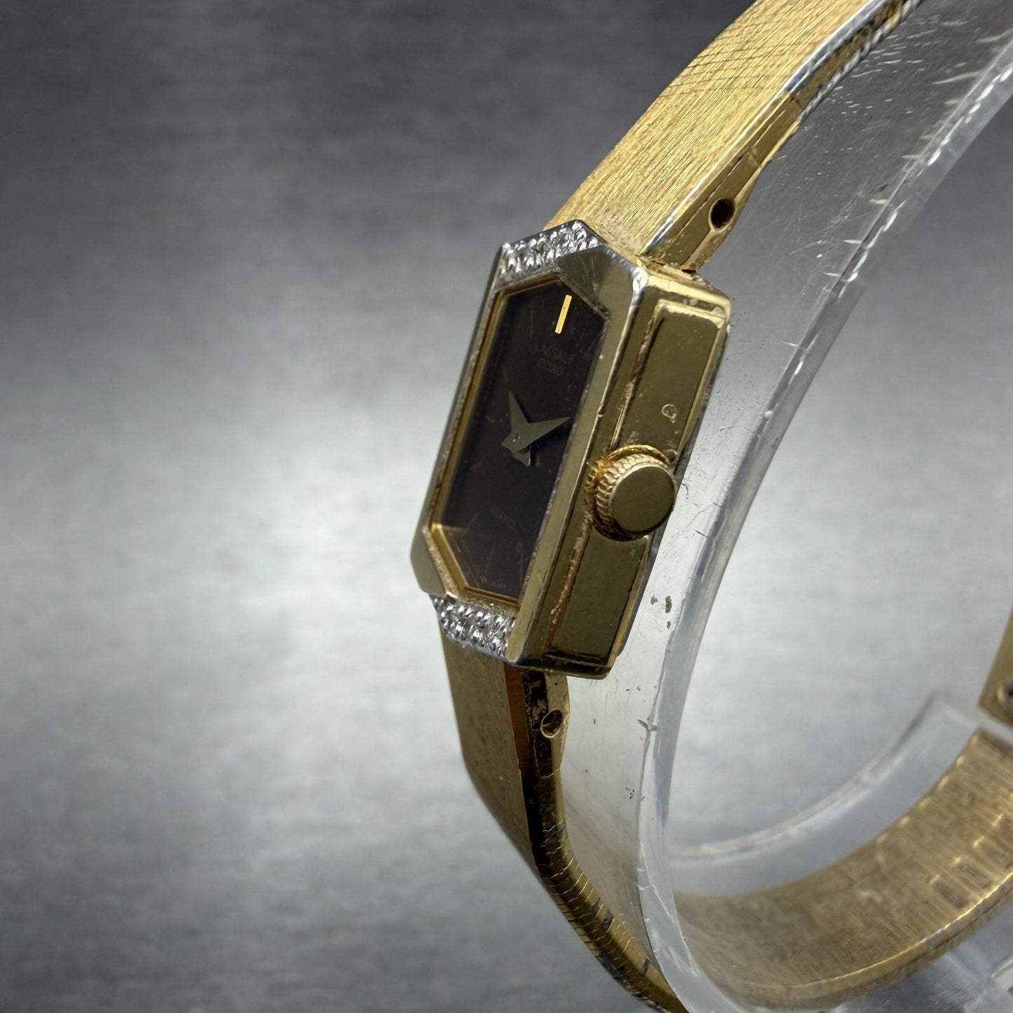 Seiko Lassale Watch Women 13mm Brown Dial Gold Tone Hexagon 1E50-5039 NewBattery2