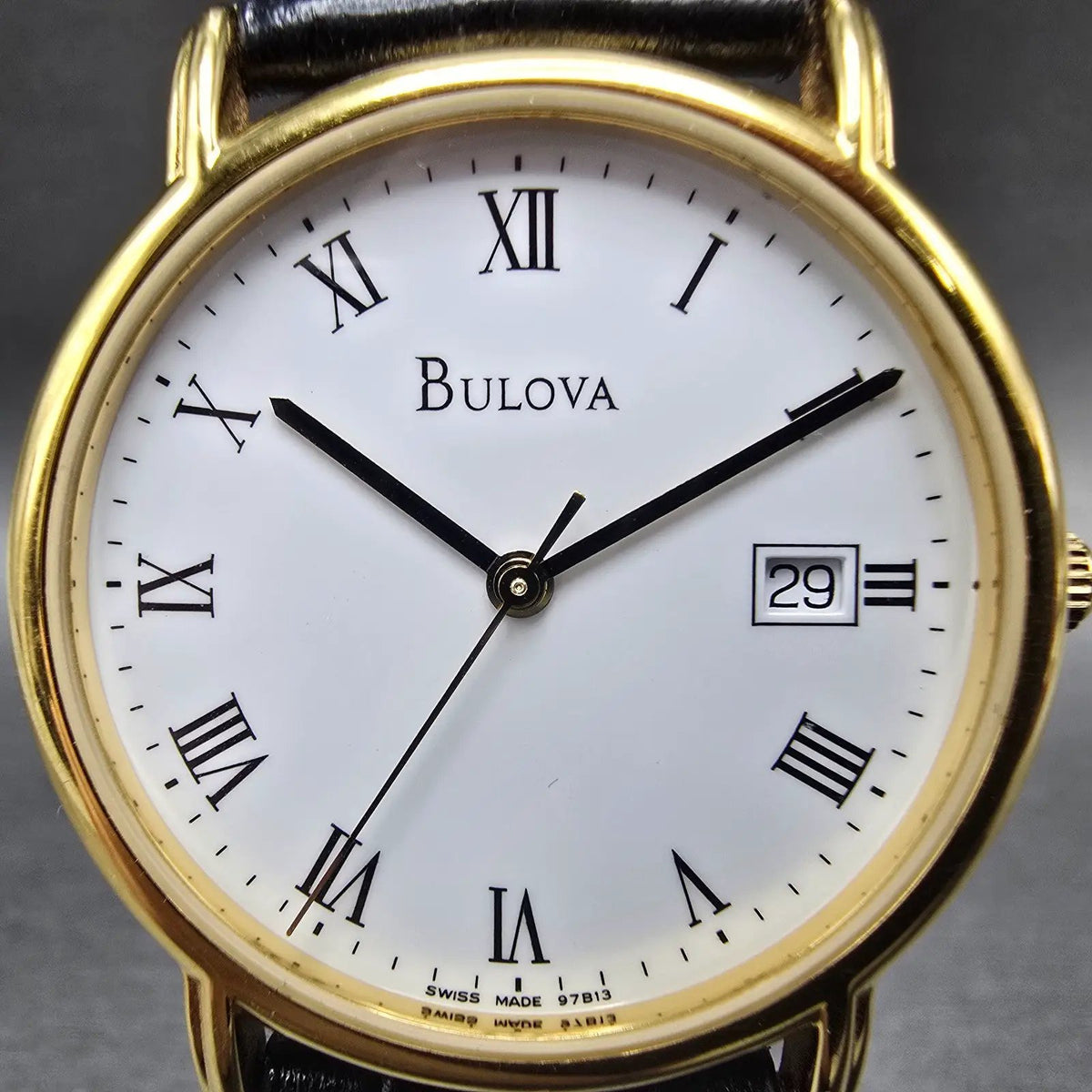 Bulova Watch Men 34mm White Dial Gold Date Round 97B13 Leather New Battery1