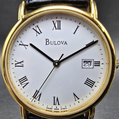 Bulova Watch Men 34mm White Dial Gold Date Round 97B13 Leather New Battery1