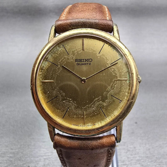 Seiko Watch Men 31mm Gold Dial Gold Tone Round 9300-7009 New Battery Vintage0