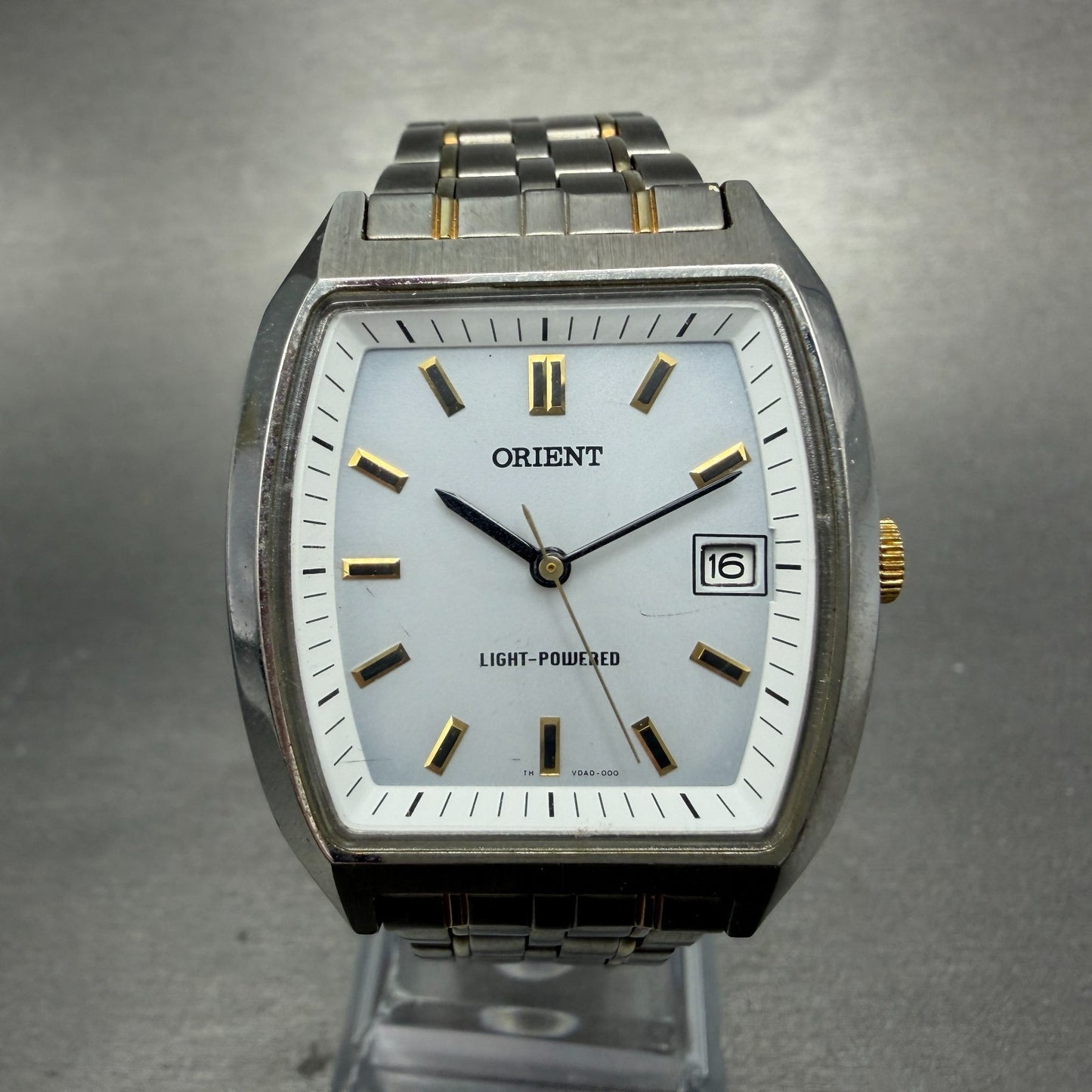Orient Solar Watch Men 33mm White Dial Two Tone Rectangle Date VDAD-C1 Works0