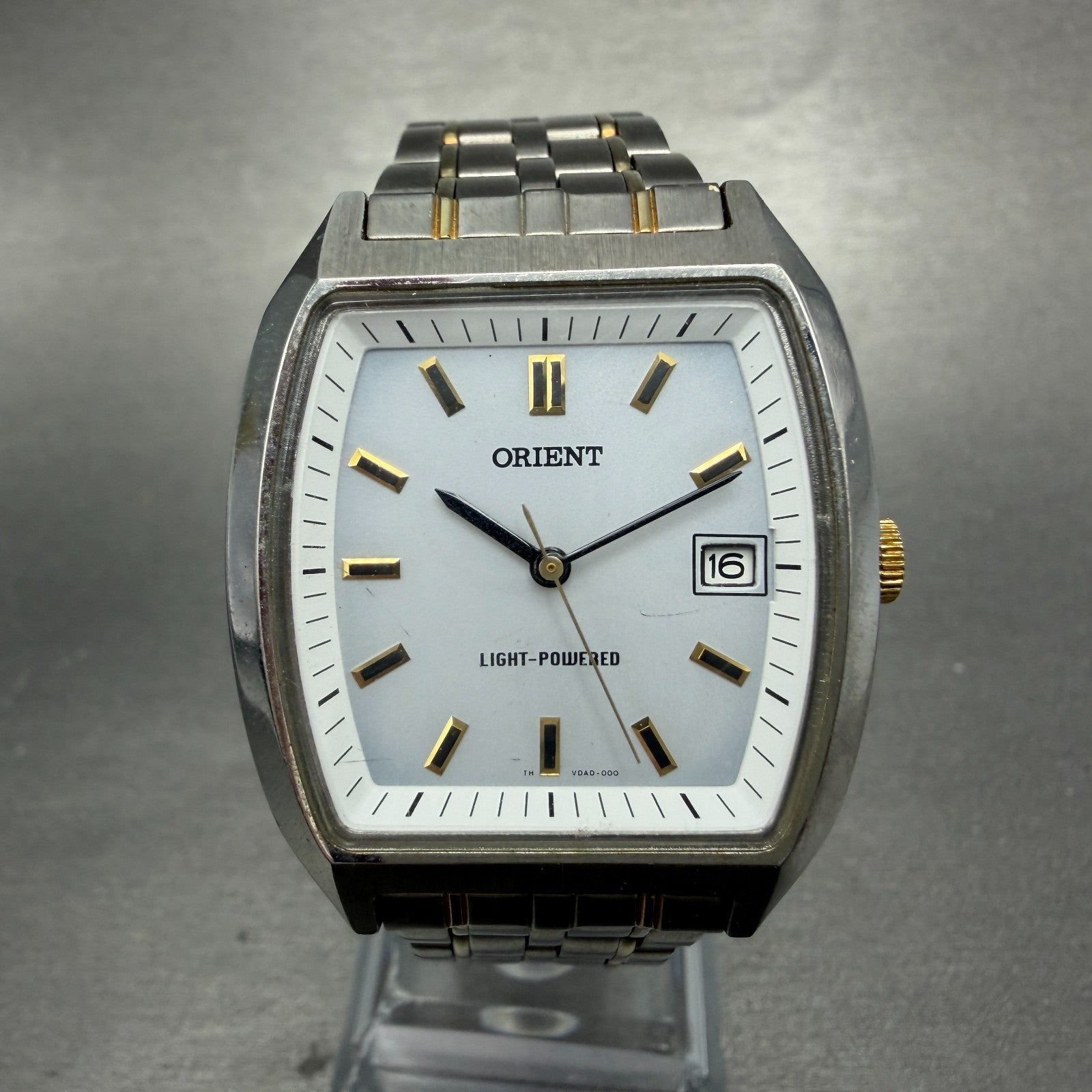 Orient Solar Watch Men 33mm White Dial Two Tone Rectangle Date VDAD-C1 Works0