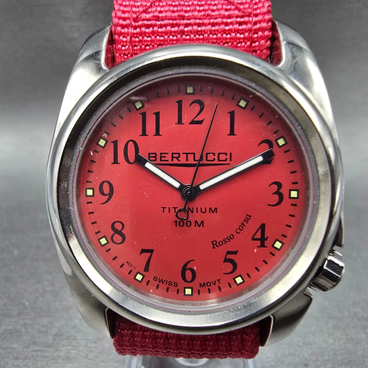Bertucci A-2T Rosso Corsa Watch Men 40mm Red Dial Titanium Round New battery0
