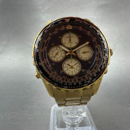 Seiko Flightmaster Chronograph Watch Men 42mm Black Dial Gold Tone Date New Bat25