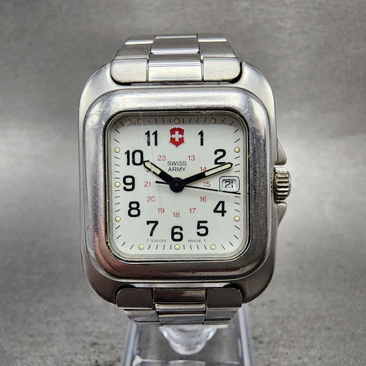 Swiss Army Officer Tank Watch Women 29mm White Dial Silver Tone New Battery0