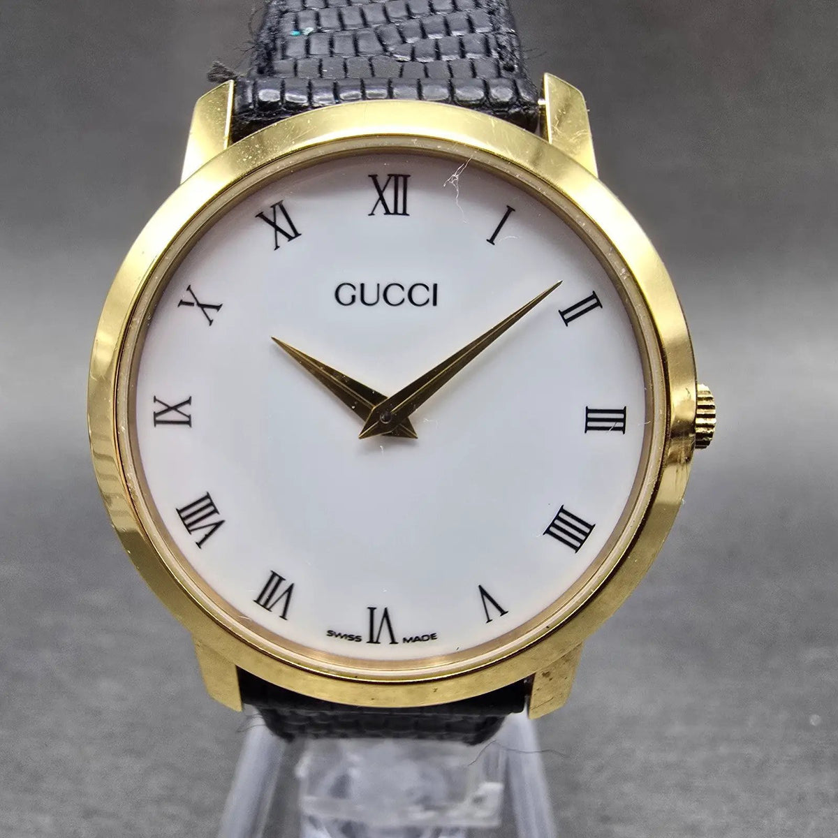 Gucci 2200M Watch Men 32mm White Dial Gold Plated Round New Battery VTG Roman0