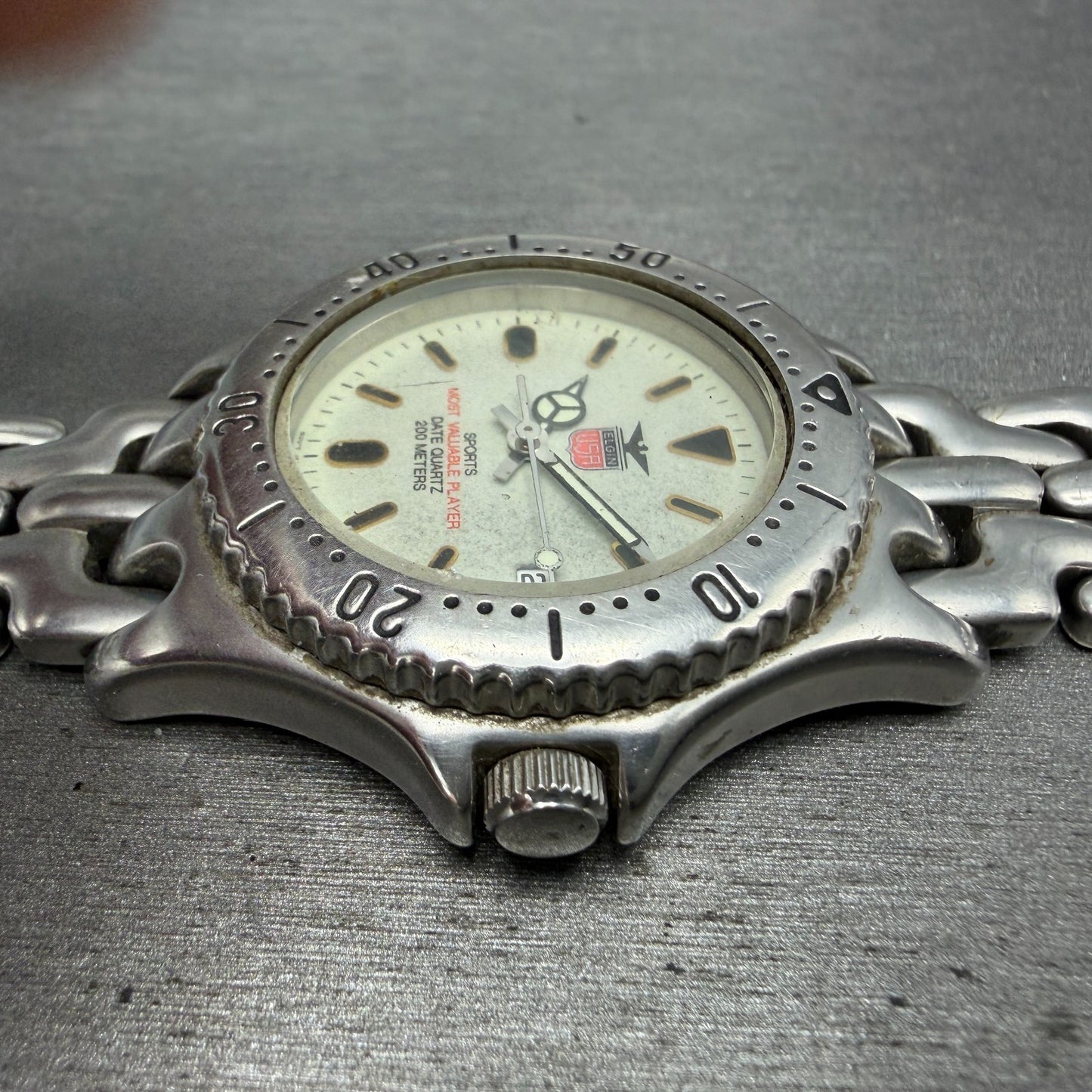 Elgin Dive Watch Men 37mm Gray Dial Silver Tone Date Round FK-592 New Battery3