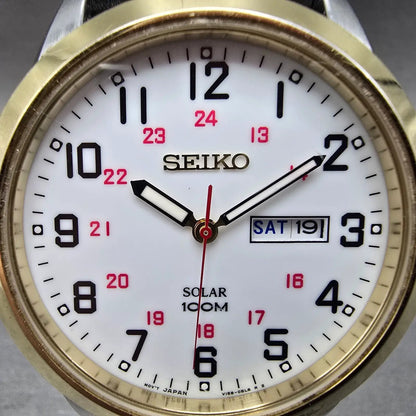 Seiko Solar Watch Men 43mm White Dial Two Tone Daydate Round V158-0AS0 Runs JP1