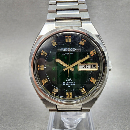 Seiko Lord Matic Watch Men 36mm Green Dial Silver Tone Daydaye 5606-7341 Runs