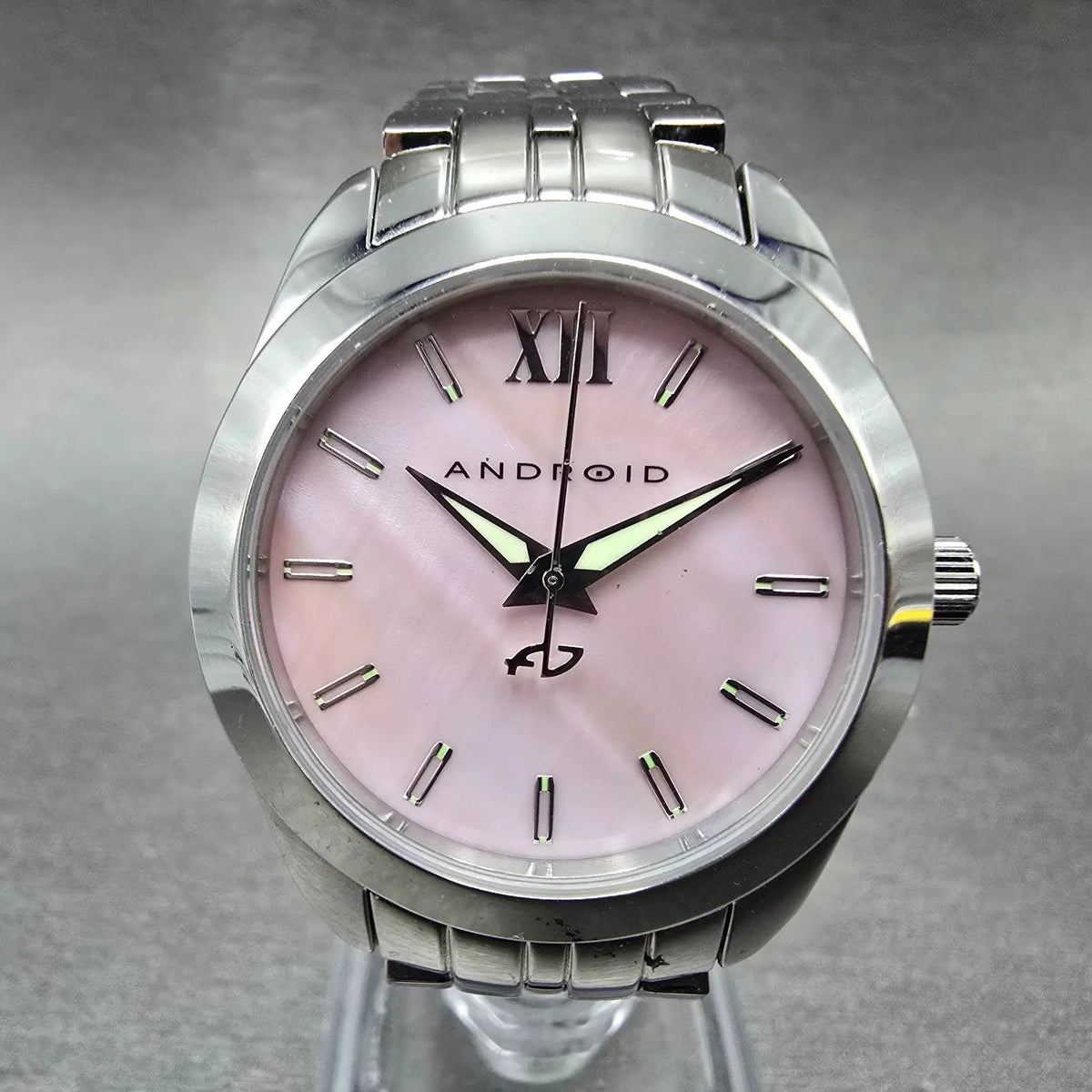 Android Watch Women 32mm Pink MOP Dial Steel Round AD771 New Battery0