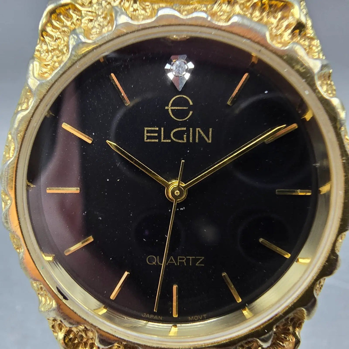 Elgin Watch Men 33mm Black Dial Gold Nugget Case Tone Round New Battery VTG1