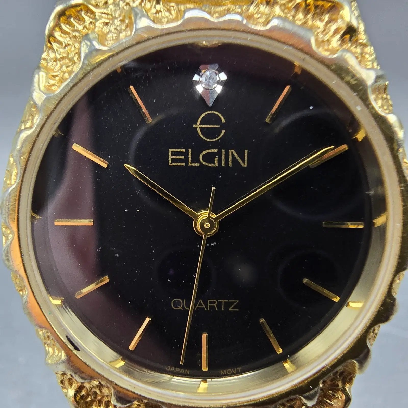Elgin Watch Men 33mm Black Dial Gold Nugget Case Tone Round New Battery VTG1