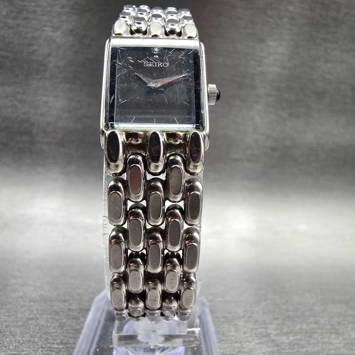 Seiko Tank Watch Women 16mm Black Dial Silver Rectangle 1F20-0AH0 New Battery5