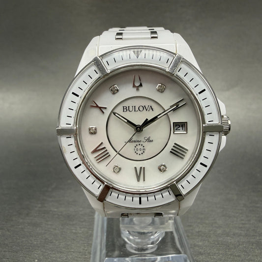 Bulova Marine Star Watch Women 37mm MOP Dial White Tone Date 98P172 New Battery0