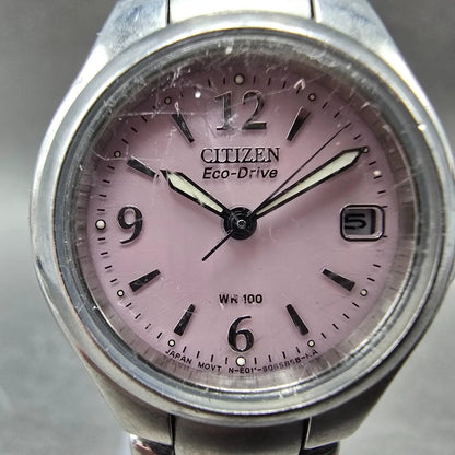 Citizen Eco-Drive Watch Women 26mm Pink Dial Silver Tone Date E011-S039941 RunsK1