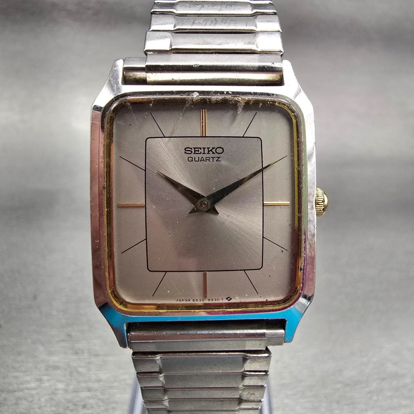 Seiko Watch Men 25mm Silver Dial Silver Tone Rectangle 6530-5510 New Battery VTG0