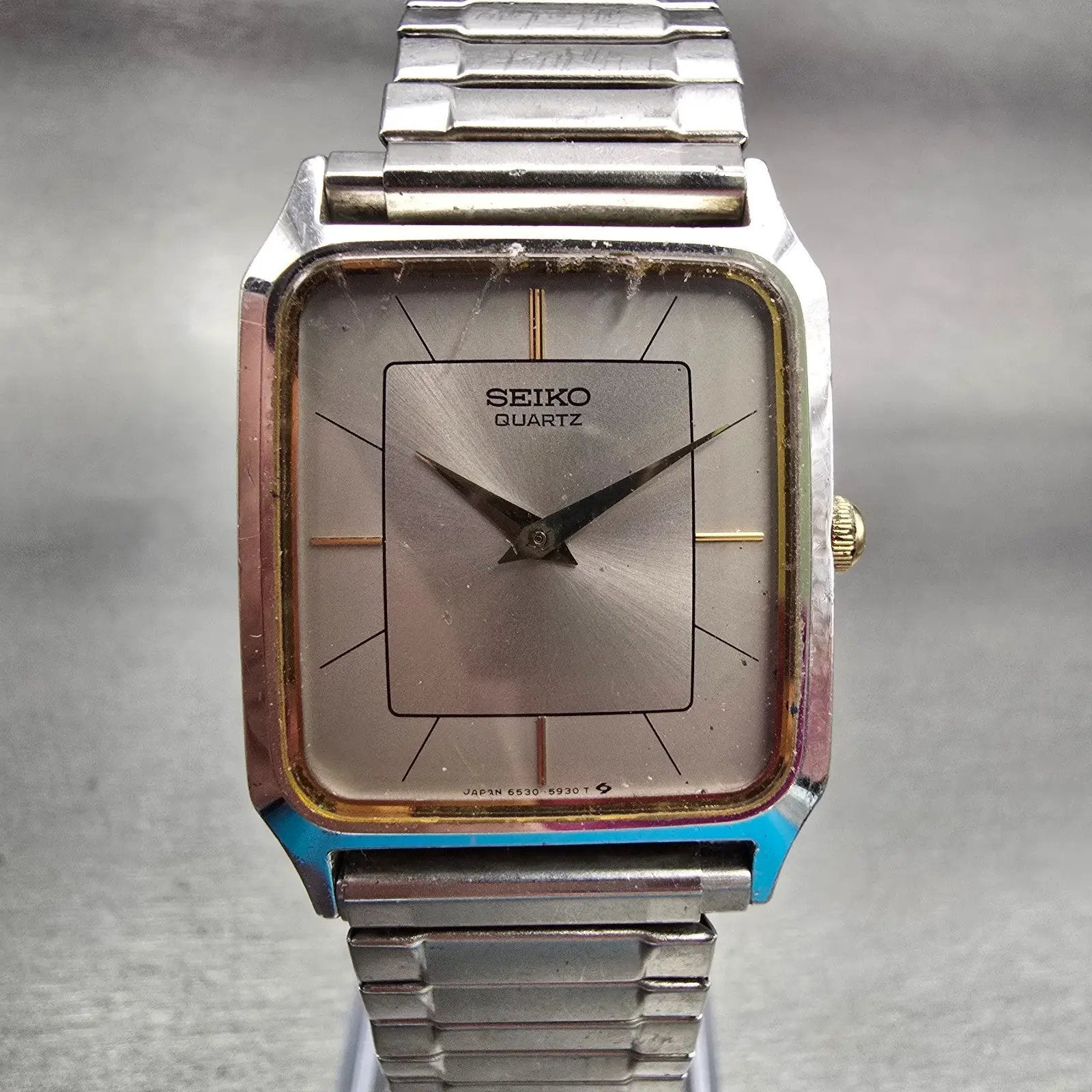 Seiko Watch Men 25mm Silver Dial Silver Tone Rectangle 6530-5510 New Battery VTG0