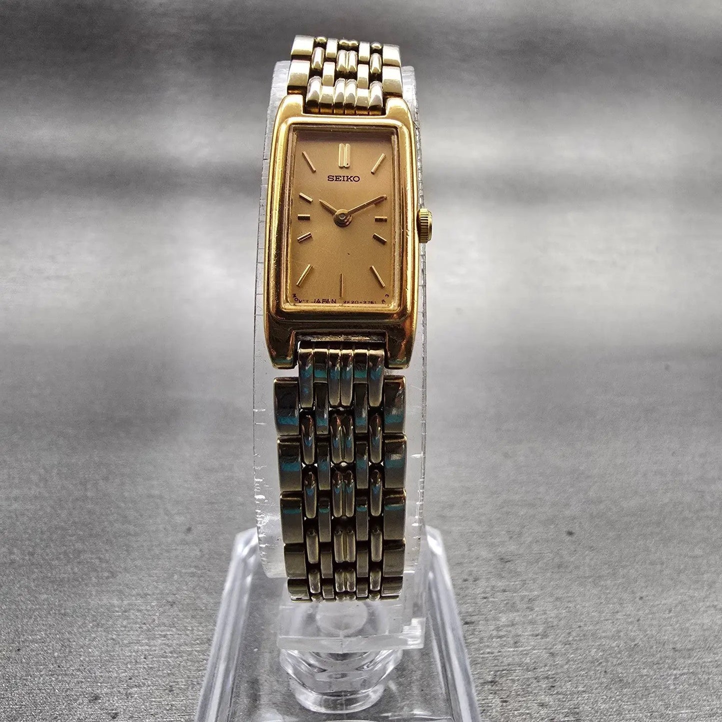 Seiko Watch Women 13mm Gold Dial Gold Tone Rectangle 2E20-7023 New Battery VTG5
