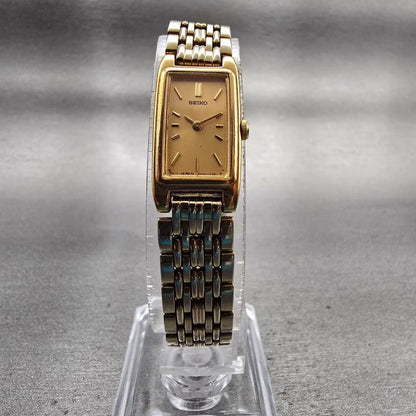 Seiko Watch Women 13mm Gold Dial Gold Tone Rectangle 2E20-7023 New Battery VTG5