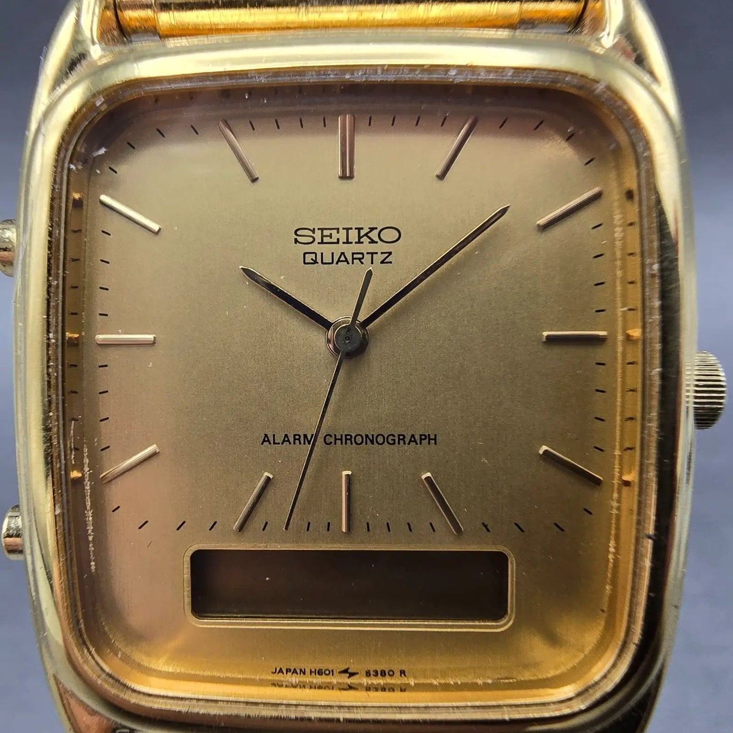Seiko Ana Digi Watch Men 29mm Gold Dial Gold Tone Rectangle H601-5430 PARTS VTG2