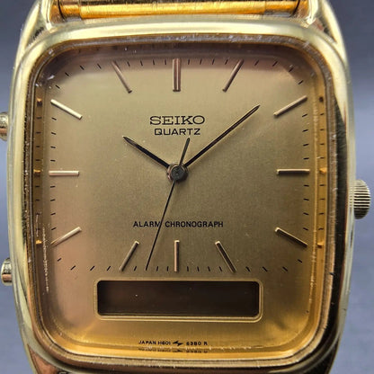 Seiko Ana Digi Watch Men 29mm Gold Dial Gold Tone Rectangle H601-5430 PARTS VTG2