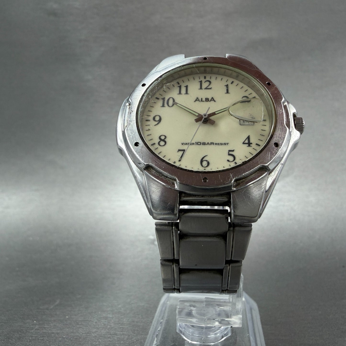 Seiko Alba Watch Men 39mm White Dial Silver Tone Date V732-0S00 New Battery VTG5