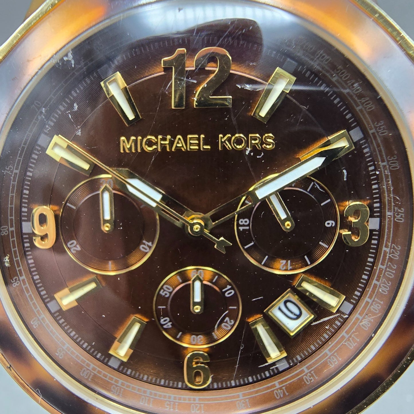 Michael Kors Chronograph Watch Women 43mm Brown Dial Brown Tone MK-5805 New Batt1