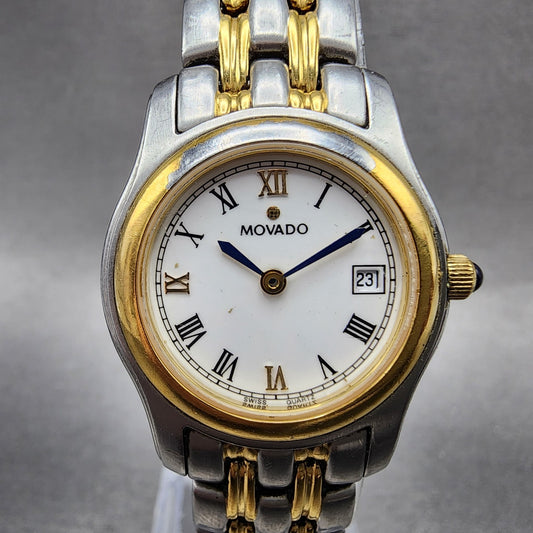 Movado Watch Women 26mm White Dial Two Tone Date Round 81E60860 New Battery0