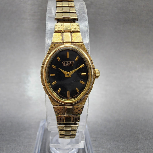 VTG Citizen Watch Women 16mm Black Dial Gold Tone Oval 5920-S52446 New Battery