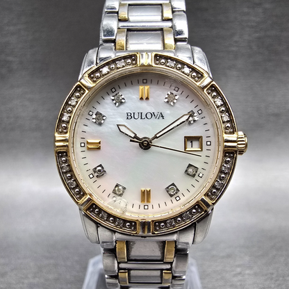 Bulova Diamond Watch Women 26mm MOP Dial Two Tone Date Round 98R107 New Batt 780