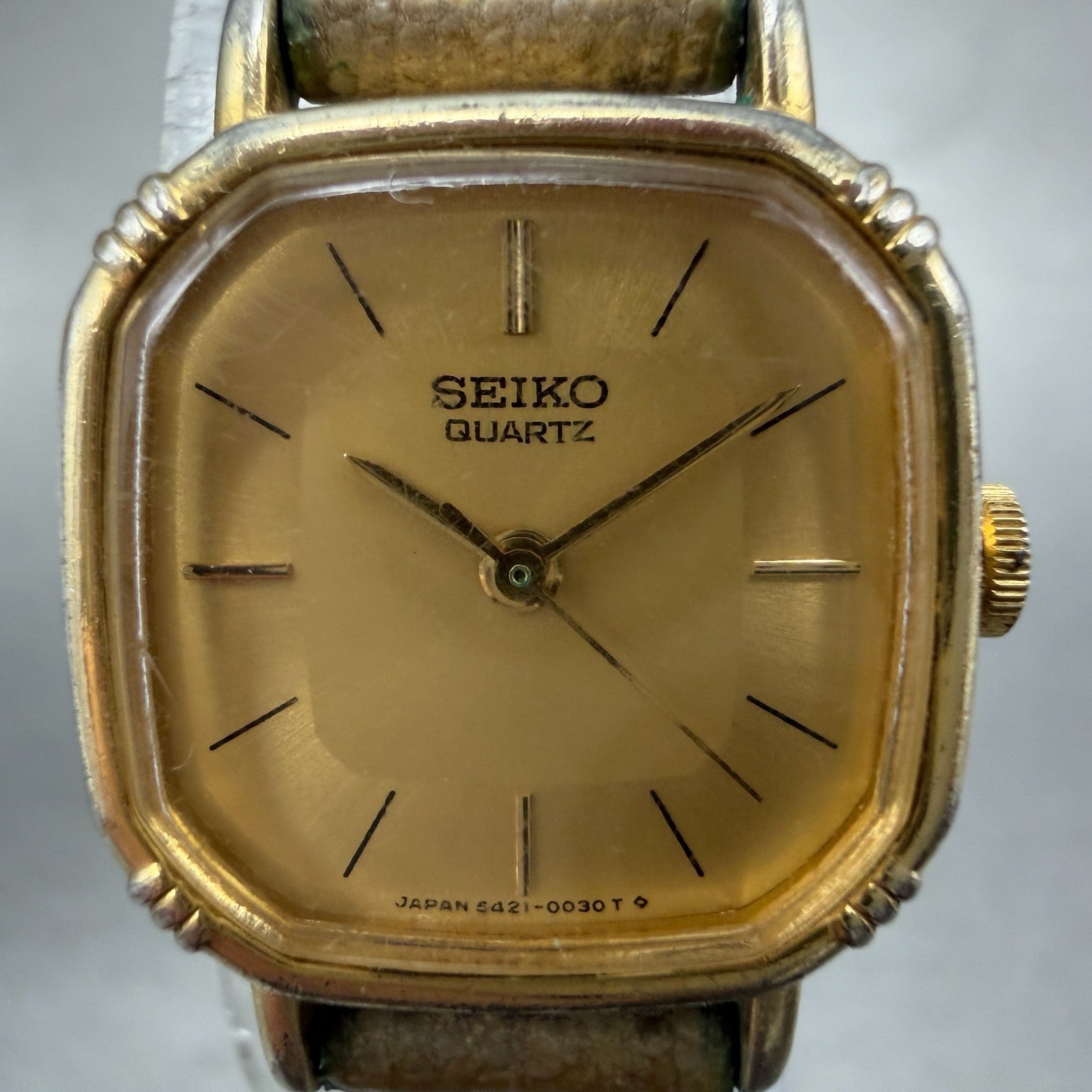 Seiko Watch Women 20mm Champagne Dial Gold Tone Rectangle 5421-5019 New Battery71