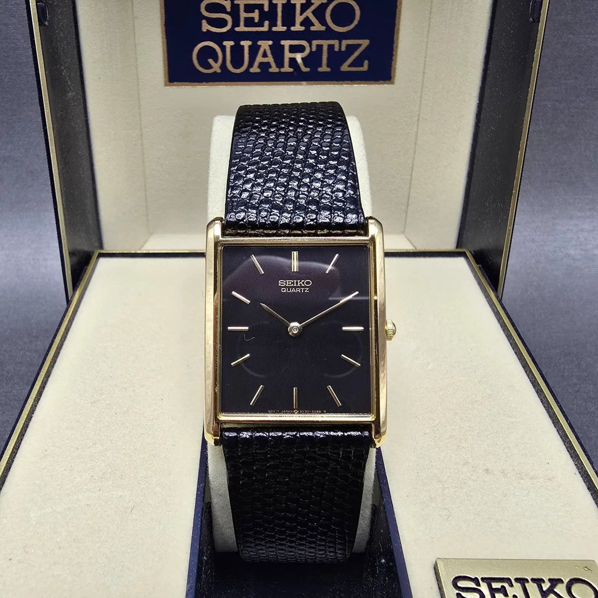 Seiko Tank Watch Men 25mm Black Dial Gold Rectangle 5Y30-5069 New Battery JP20