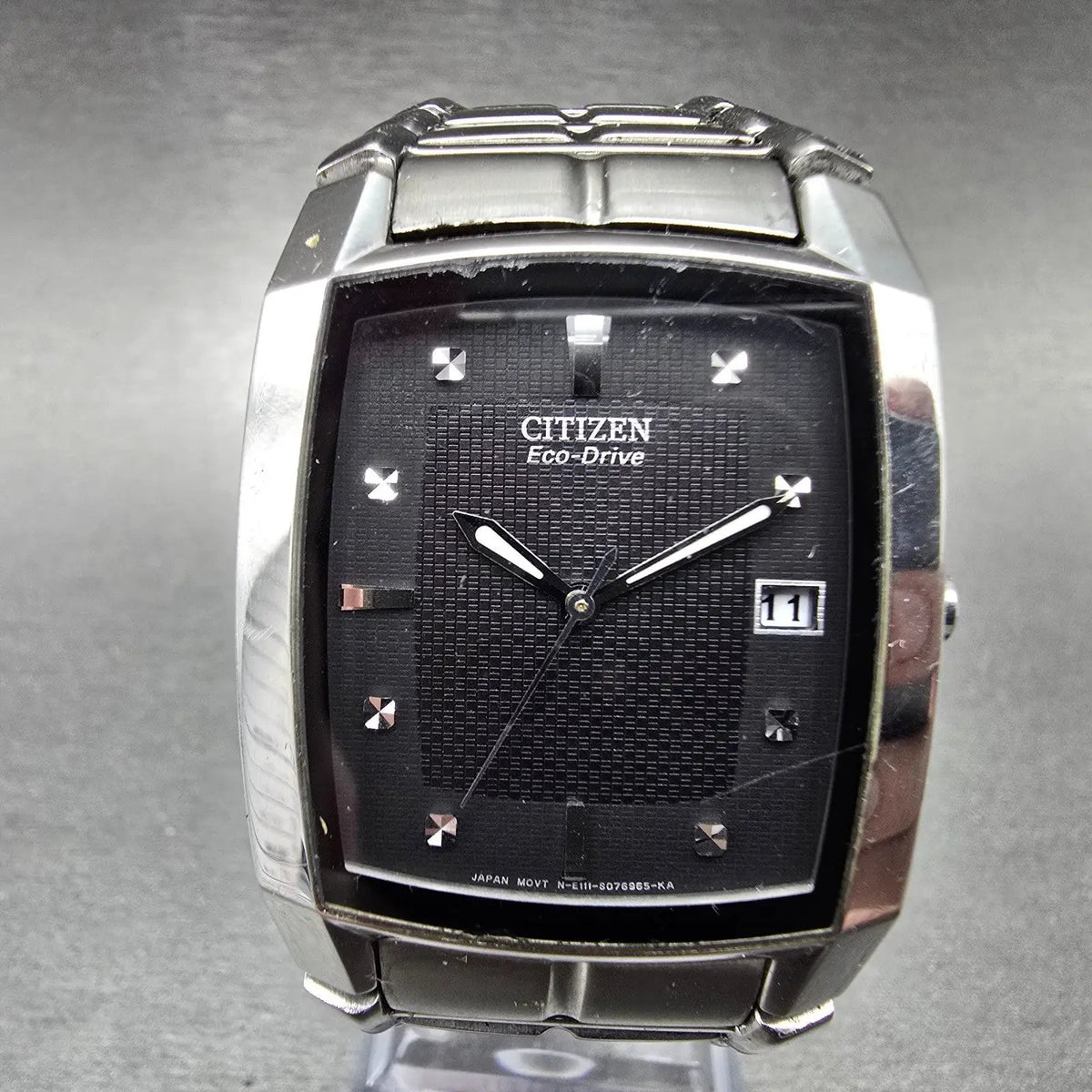 Citizen Eco-Drive Tank Watch Men 31mm Black Dial Steel Date E111-S049385 Runs JP0