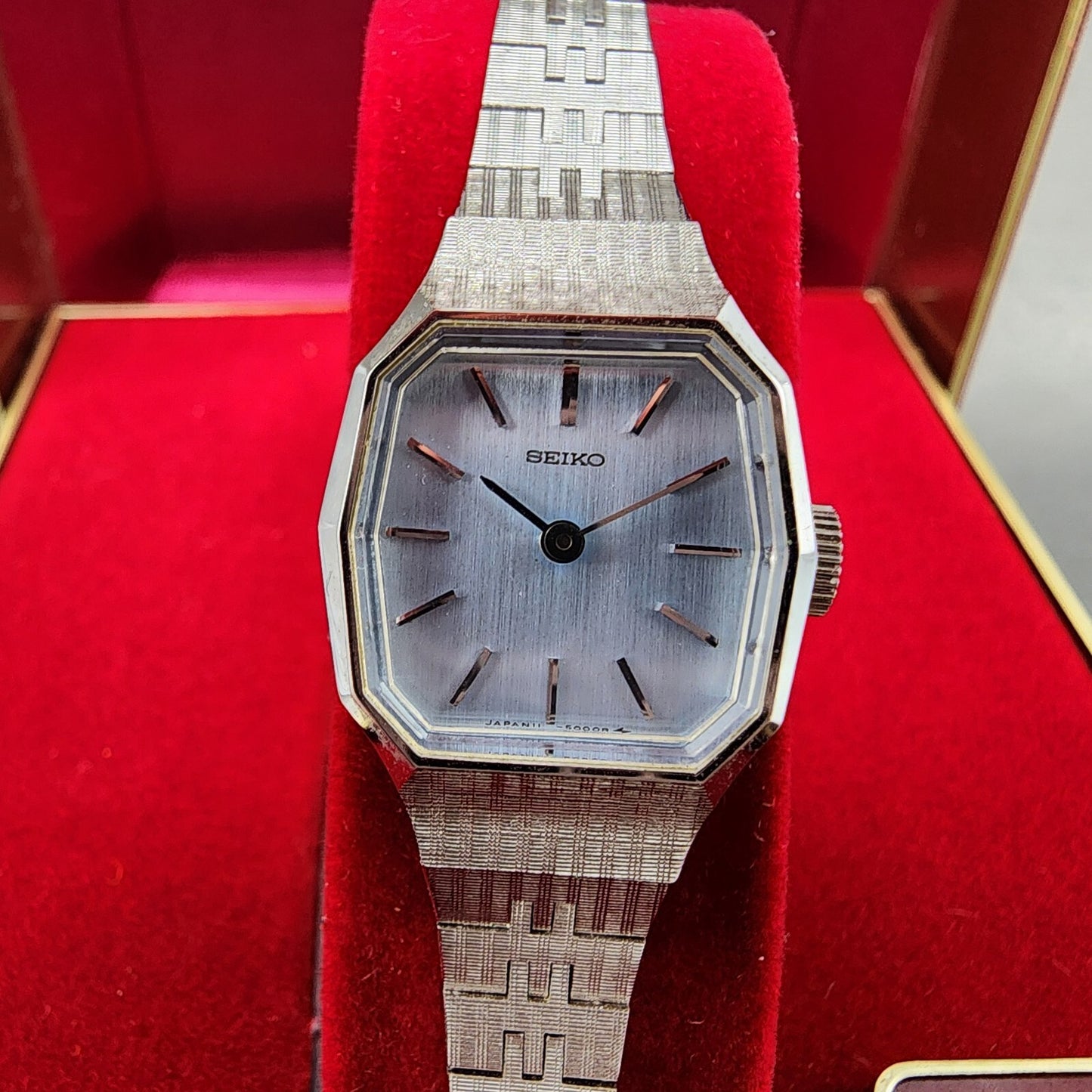 Seiko Watch Women 19mm Blue Dial Silver Tone Rectangle Manual Wind Runs NOS1