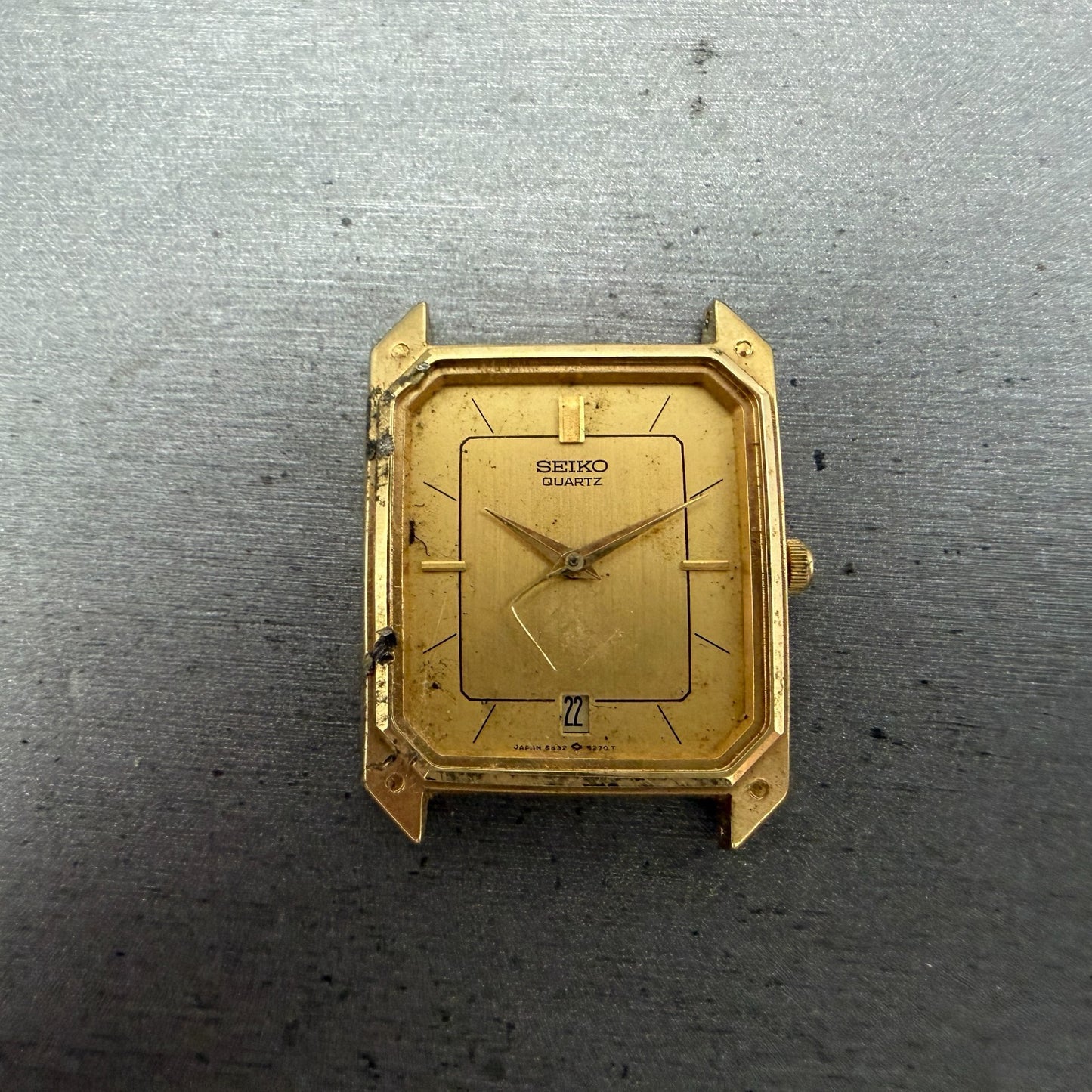 Seiko Tank Watch Men 27mm Gold Dial Gold Tone Date 6532-5189 Rectangle  PARTS0