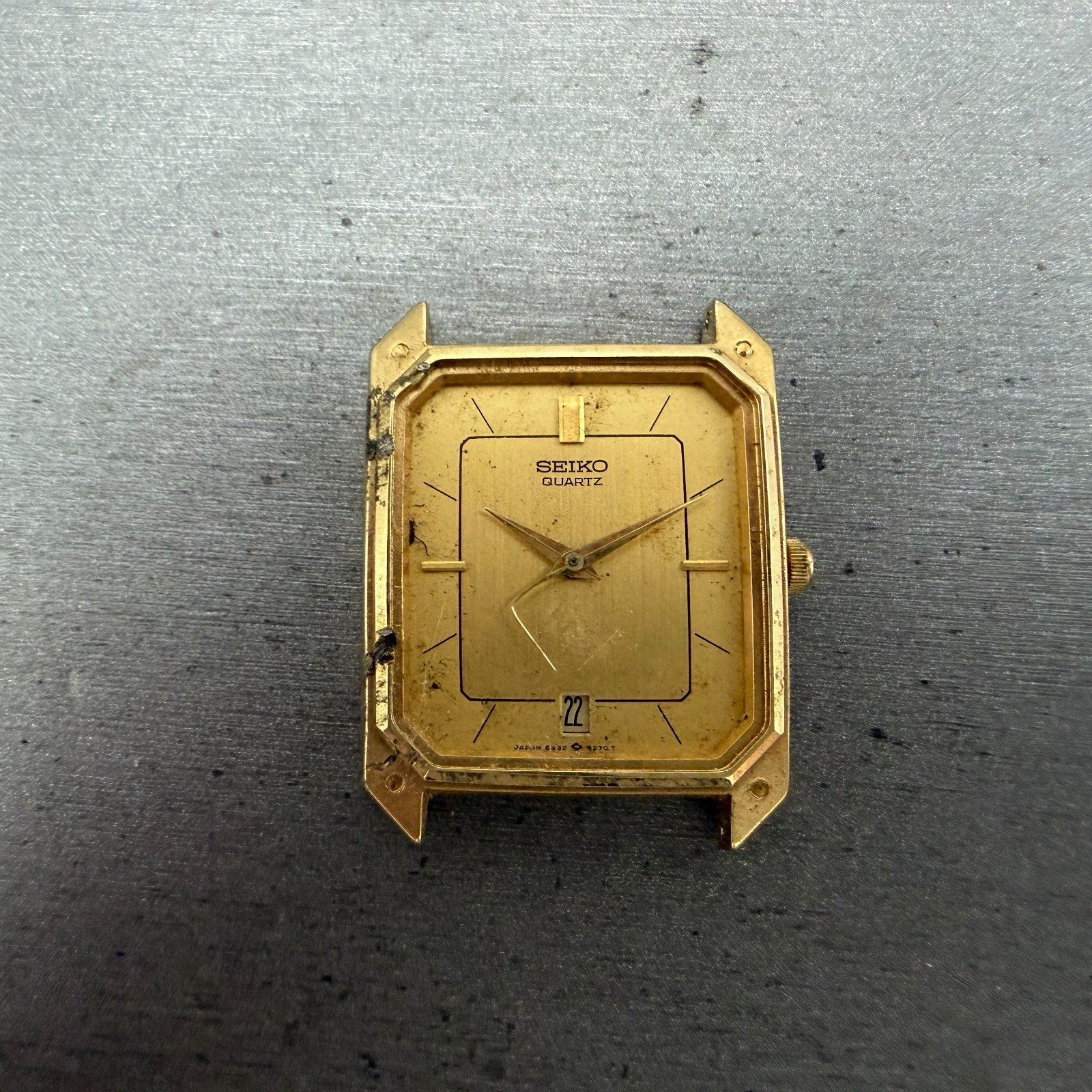 Seiko Tank Watch Men 27mm Gold Dial Gold Tone Date 6532-5189 Rectangle  PARTS0