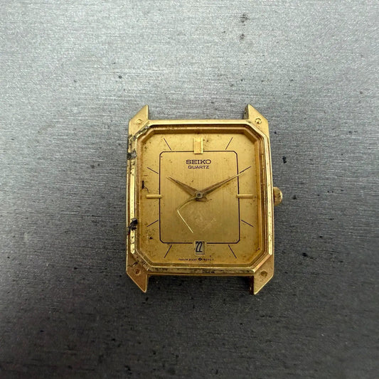 Seiko Tank Watch Men 27mm Gold Dial Gold Tone Date 6532-5189 Rectangle  PARTS0