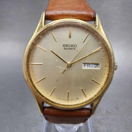 Seiko Watch Men 33mm Champagne Dial Gold Tone Daydate 5y238030 New Battery0